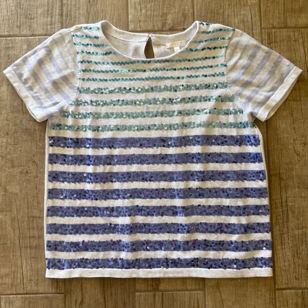 Lisa Todd Womens Sequin Striped Short Sleeve Sweater White Teal Purple Large